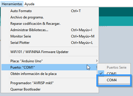 Puerto operativo en el IDE de Arduino